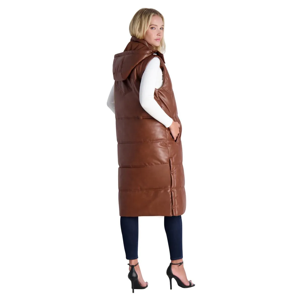 Avec Les Filles Faux Leather Maxi Puffer Vest for Women