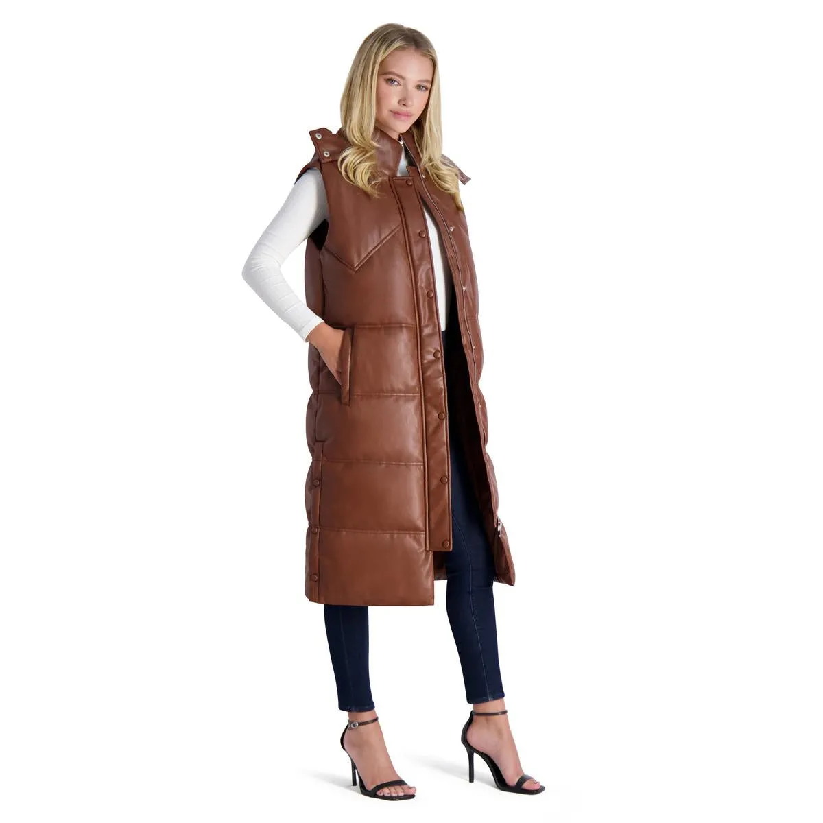 Avec Les Filles Faux Leather Maxi Puffer Vest for Women