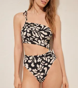 Black and White Floral Asymmetric Trikini