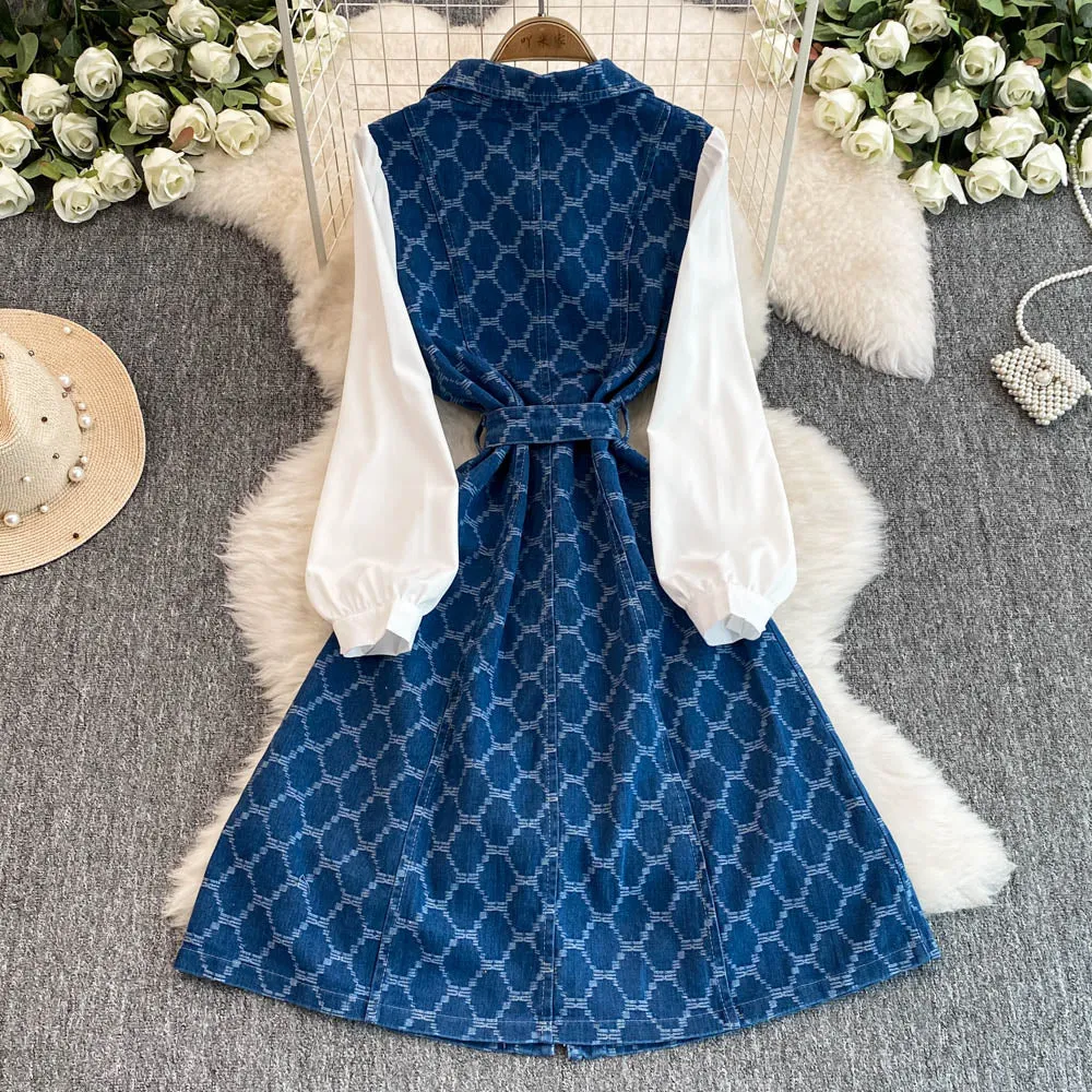 Chic Lapeled Patchwork Denim Dress