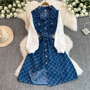 Chic Lapeled Patchwork Denim Dress