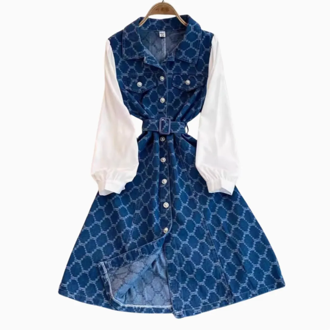 Chic Lapeled Patchwork Denim Dress