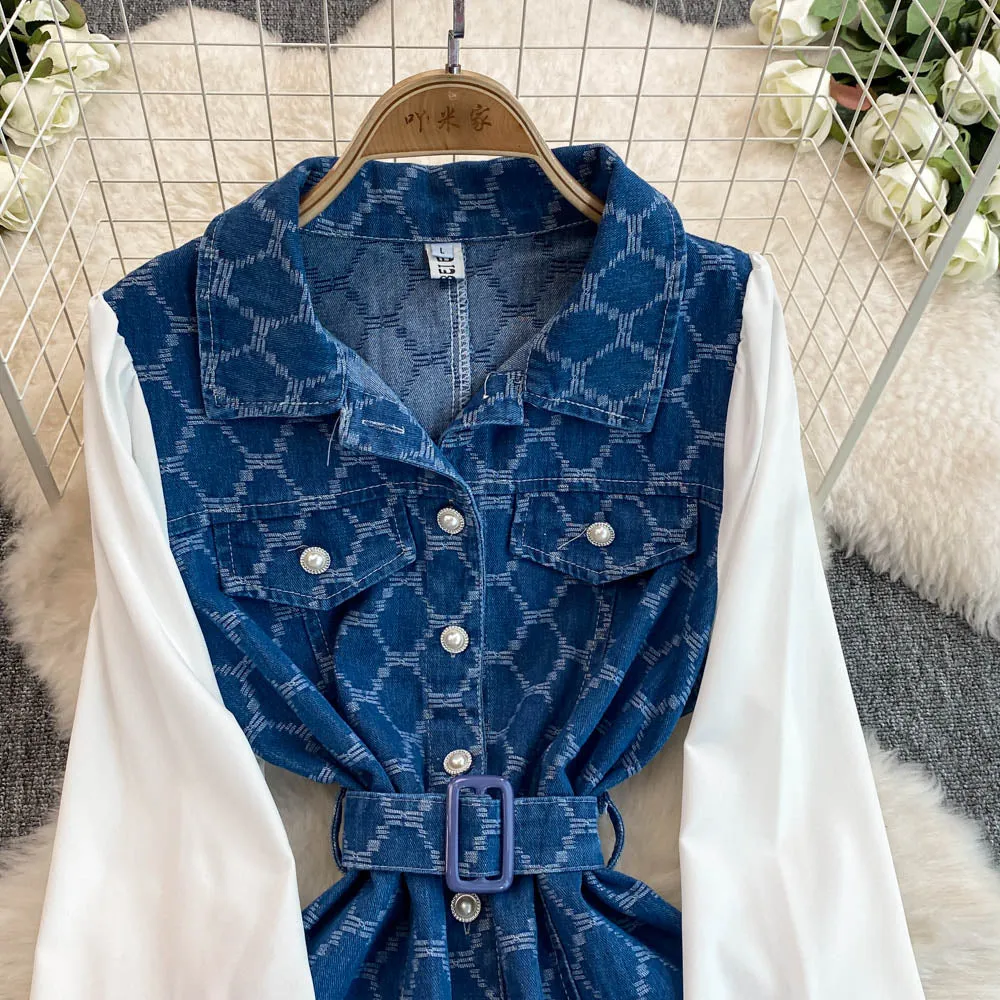 Chic Lapeled Patchwork Denim Dress