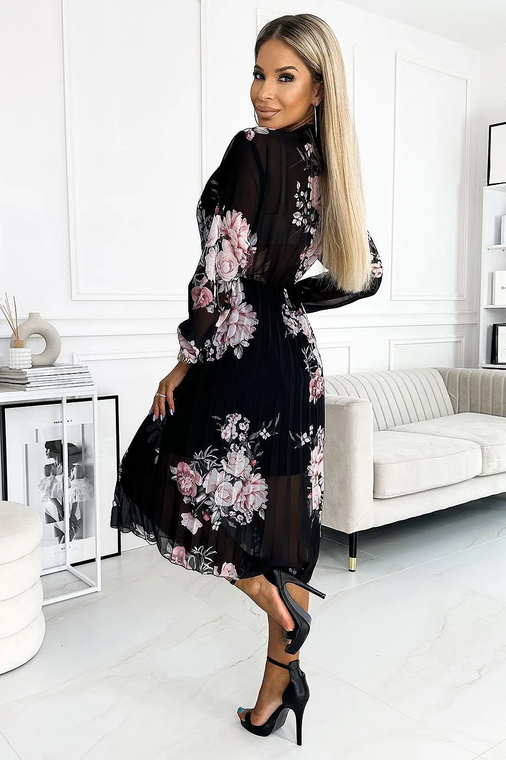 Chic Pleated Midi Dress with Orange Rose Print by Numoco