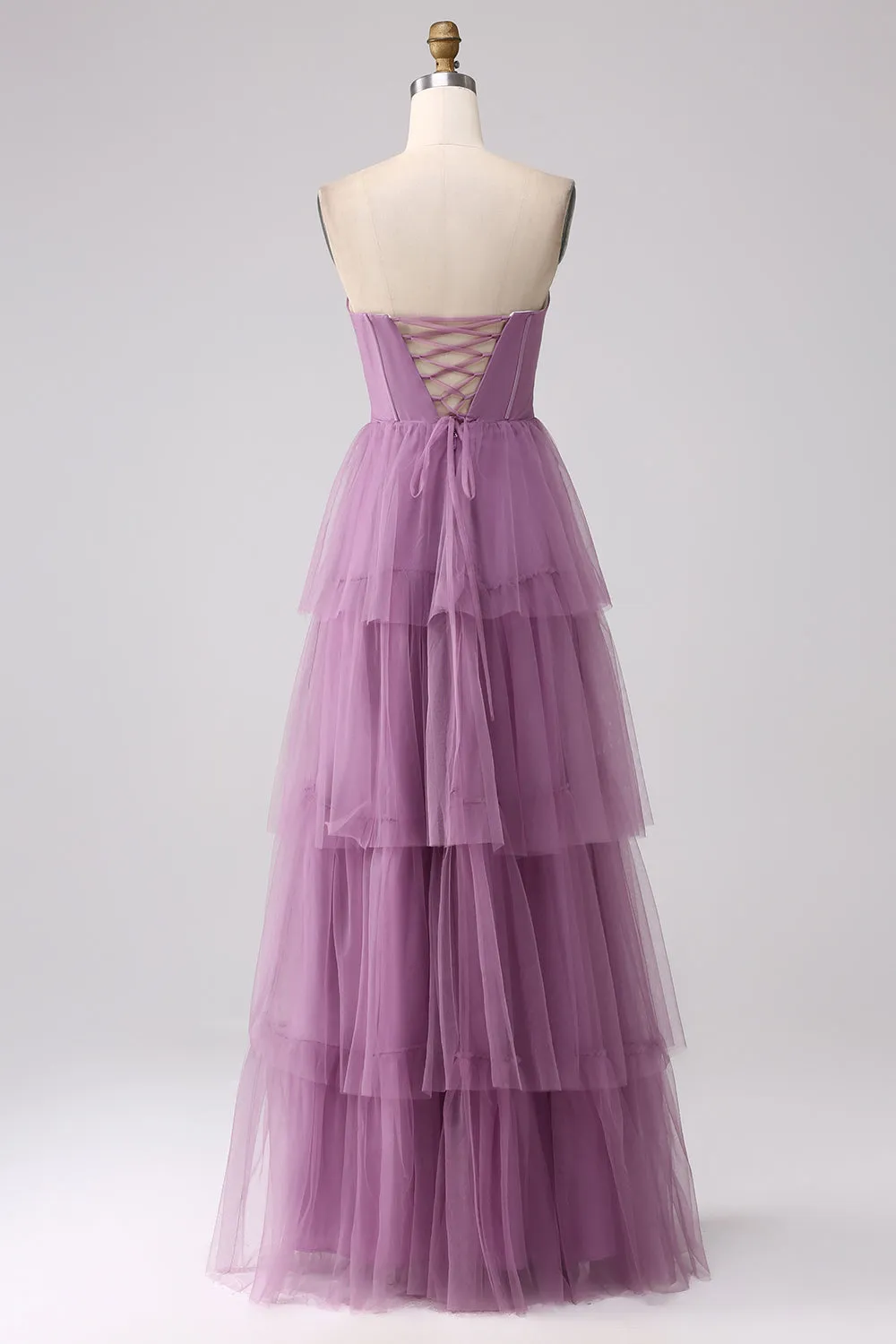 Dusty Blue A Line Tiered Tulle Corset Maxi Dress with Slit