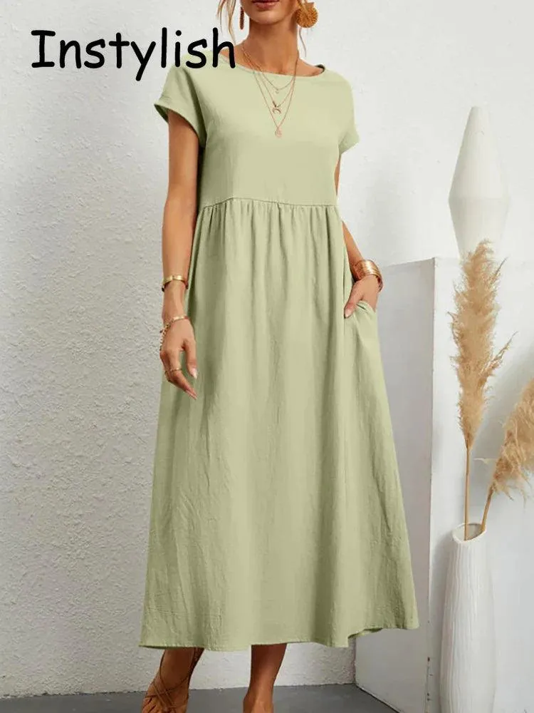 Elegant Vintage Maxi Dress: Summer Fashion Staple with O-neck and A-line Silhouette