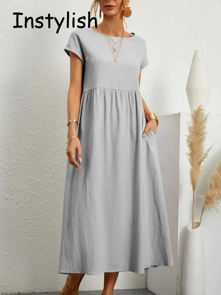 Elegant Vintage Maxi Dress: Summer Fashion Staple with O-neck and A-line Silhouette