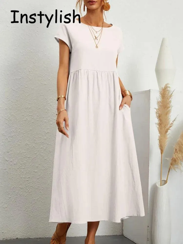 Elegant Vintage Maxi Dress: Summer Fashion Staple with O-neck and A-line Silhouette