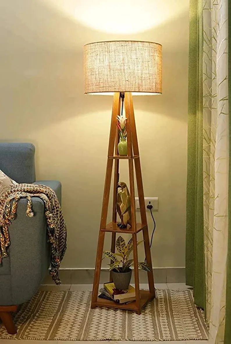Floor Lamp With 3 Tier Cotton Shade Floor Lamp With Natural Finish Birch Plywood Base