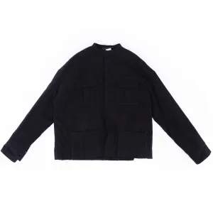 FW17 Quilted Mandarin Collar Black Wool Shirt with Leather Patch