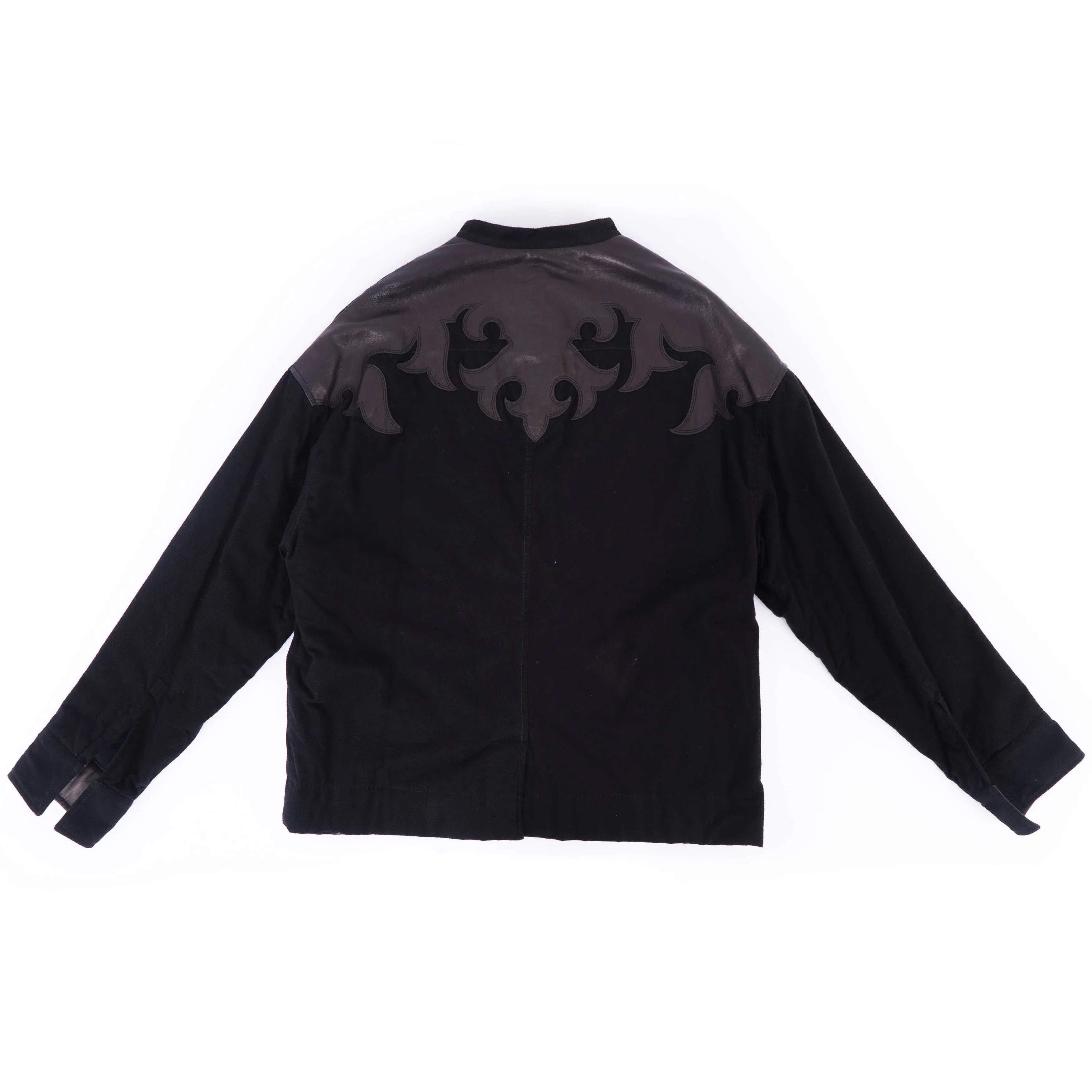 FW17 Quilted Mandarin Collar Black Wool Shirt with Leather Patch