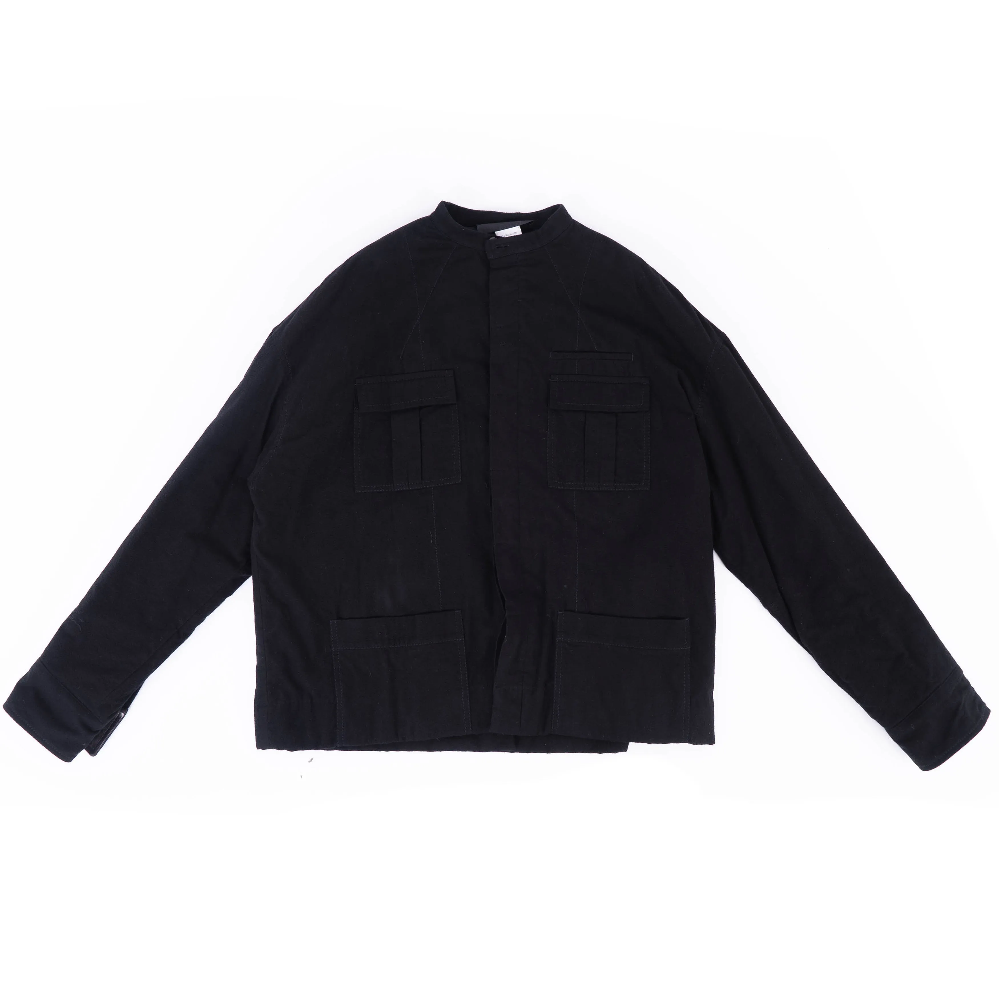FW17 Quilted Mandarin Collar Black Wool Shirt with Leather Patch