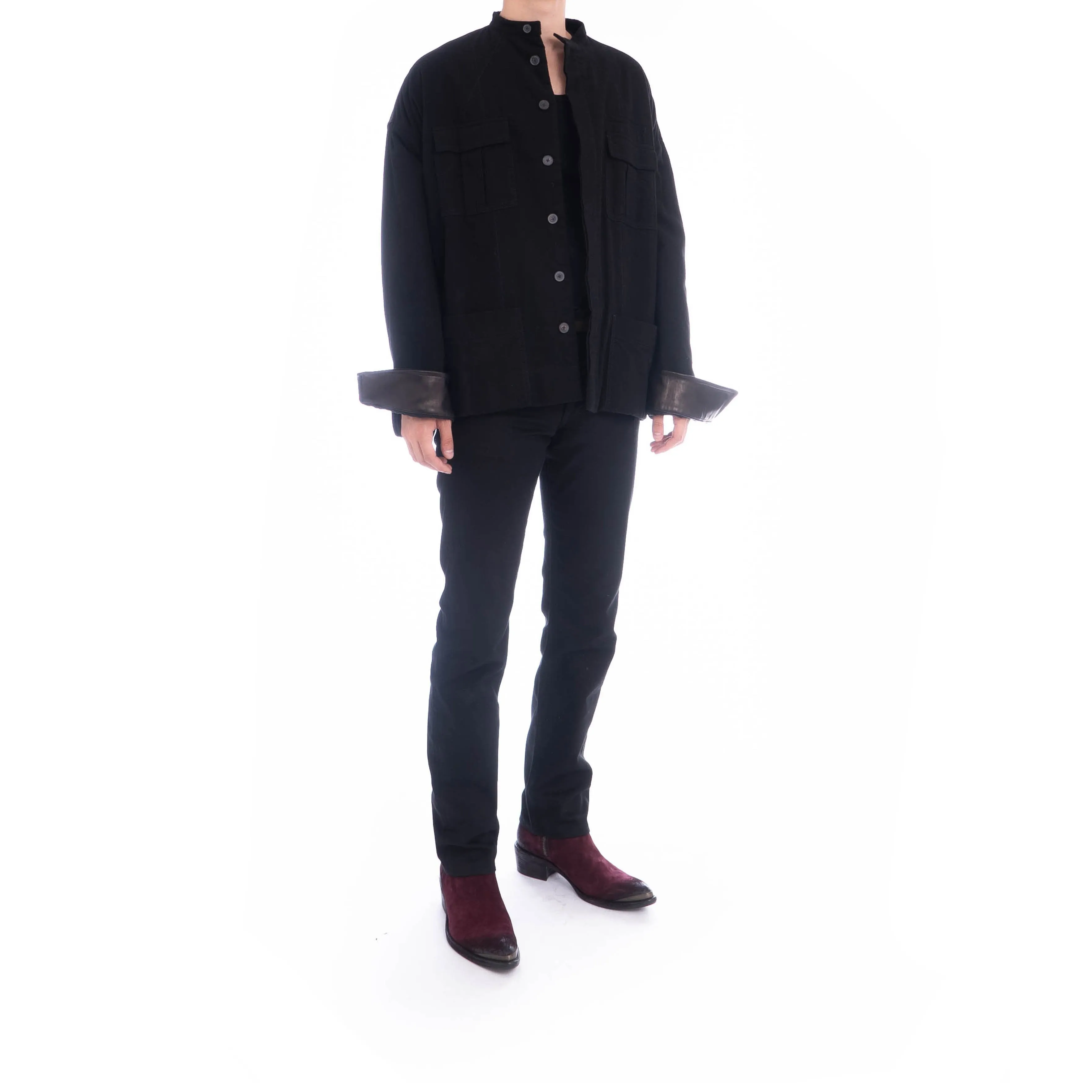 FW17 Quilted Mandarin Collar Black Wool Shirt with Leather Patch