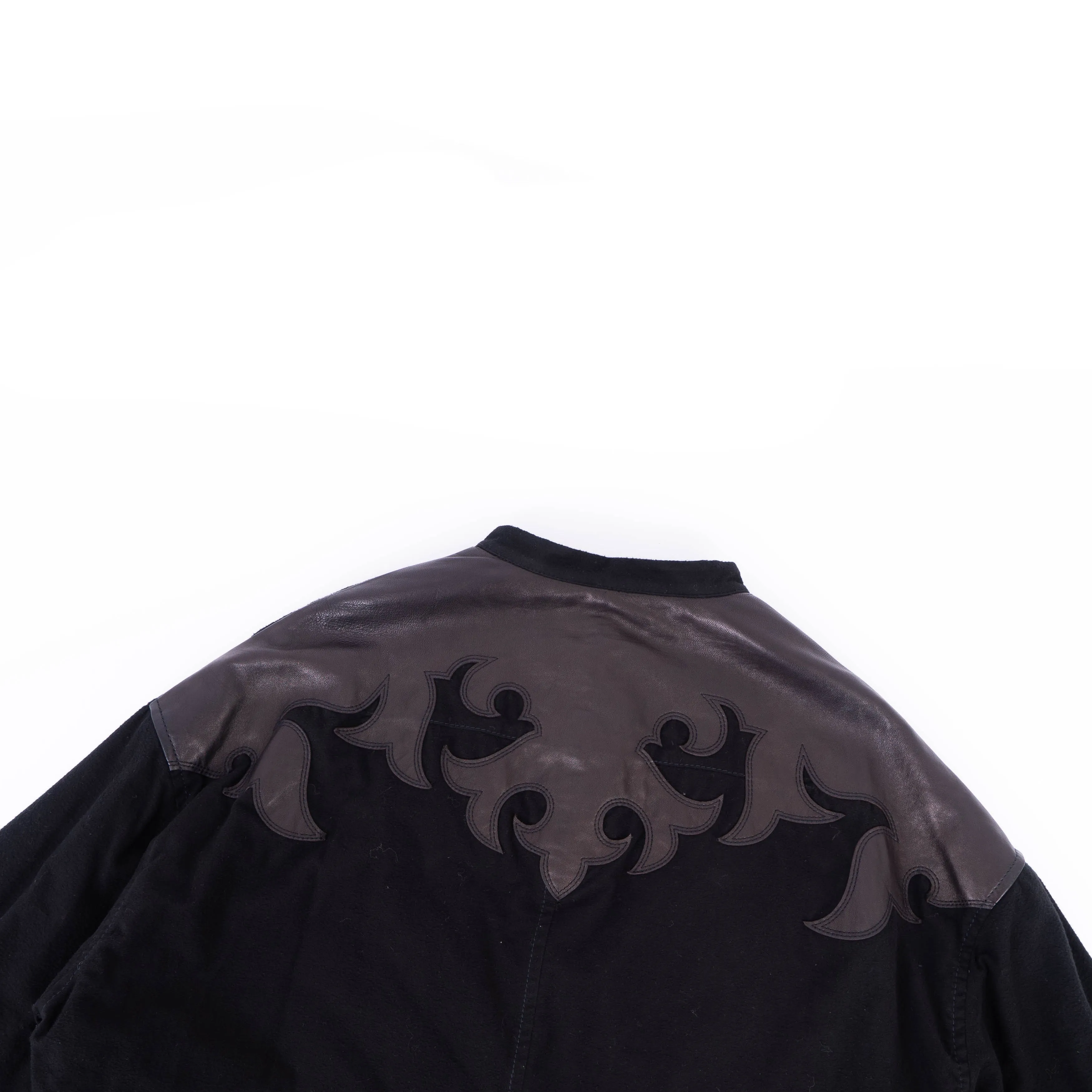 FW17 Quilted Mandarin Collar Black Wool Shirt with Leather Patch
