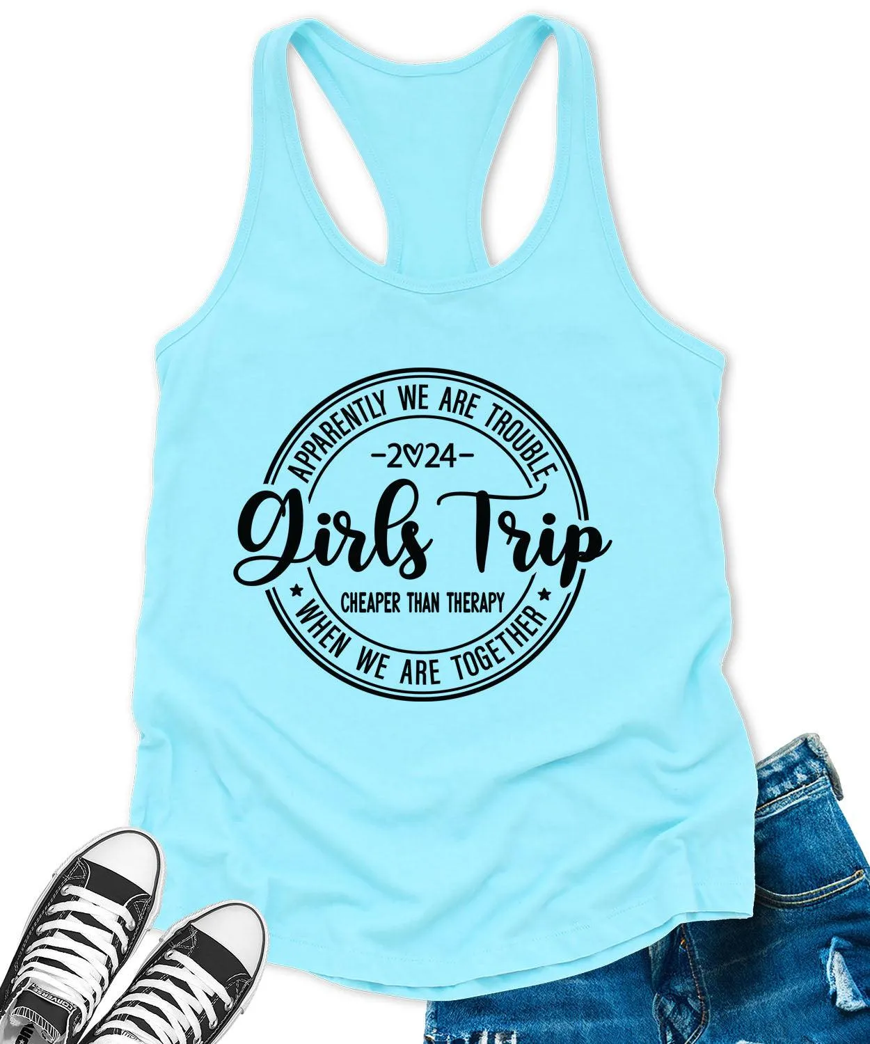 Girls Trip 2024 Racerback Tank Top for Women Cheaper Than Therapy Letter Print Sleeveless Summer Tops