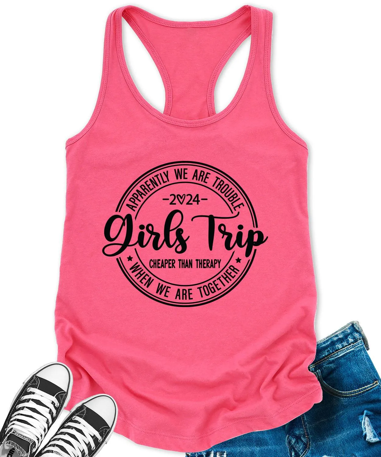Girls Trip 2024 Racerback Tank Top for Women Cheaper Than Therapy Letter Print Sleeveless Summer Tops