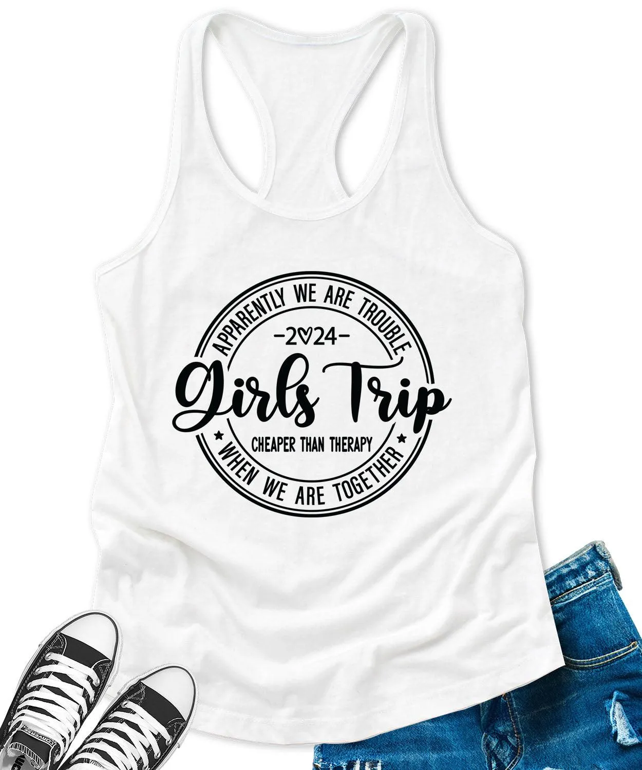 Girls Trip 2024 Racerback Tank Top for Women Cheaper Than Therapy Letter Print Sleeveless Summer Tops