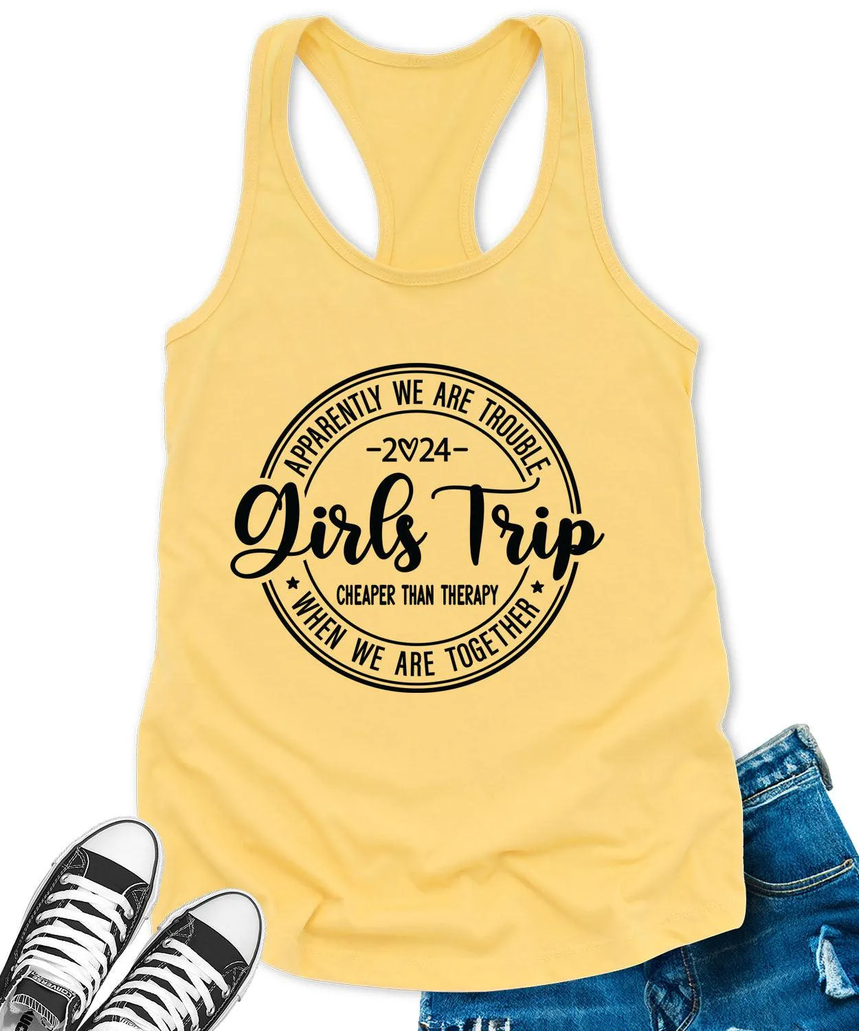 Girls Trip 2024 Racerback Tank Top for Women Cheaper Than Therapy Letter Print Sleeveless Summer Tops