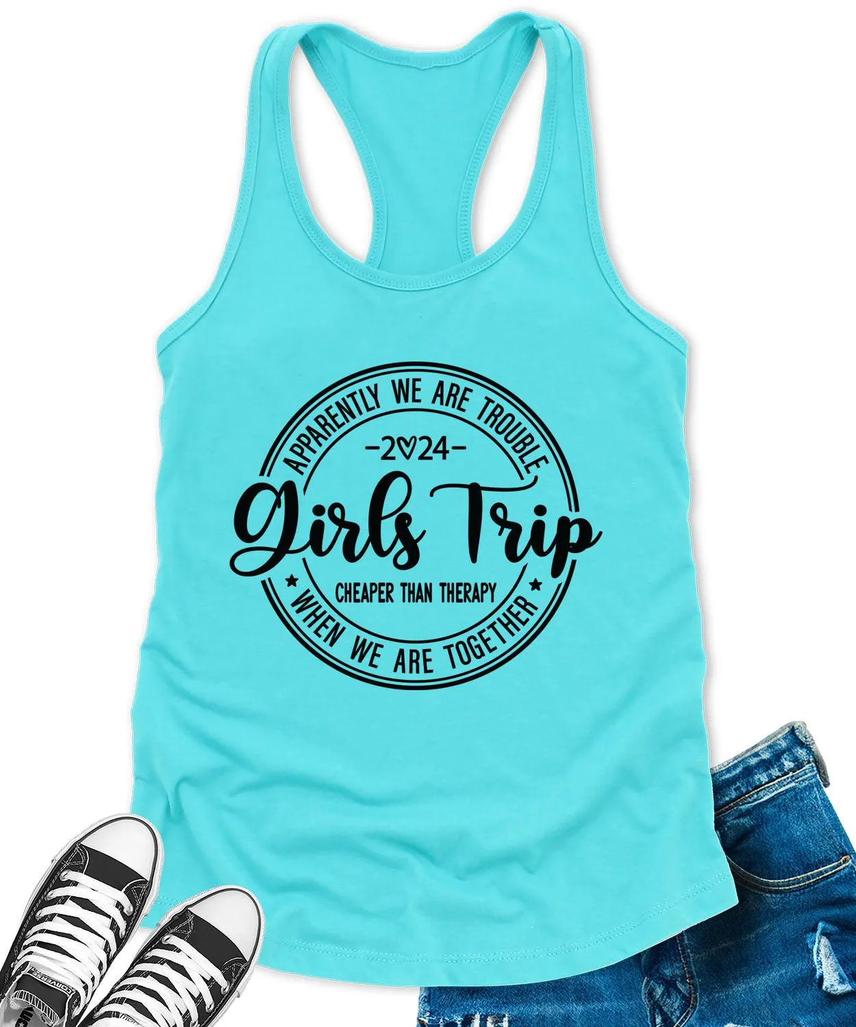 Girls Trip 2024 Racerback Tank Top for Women Cheaper Than Therapy Letter Print Sleeveless Summer Tops