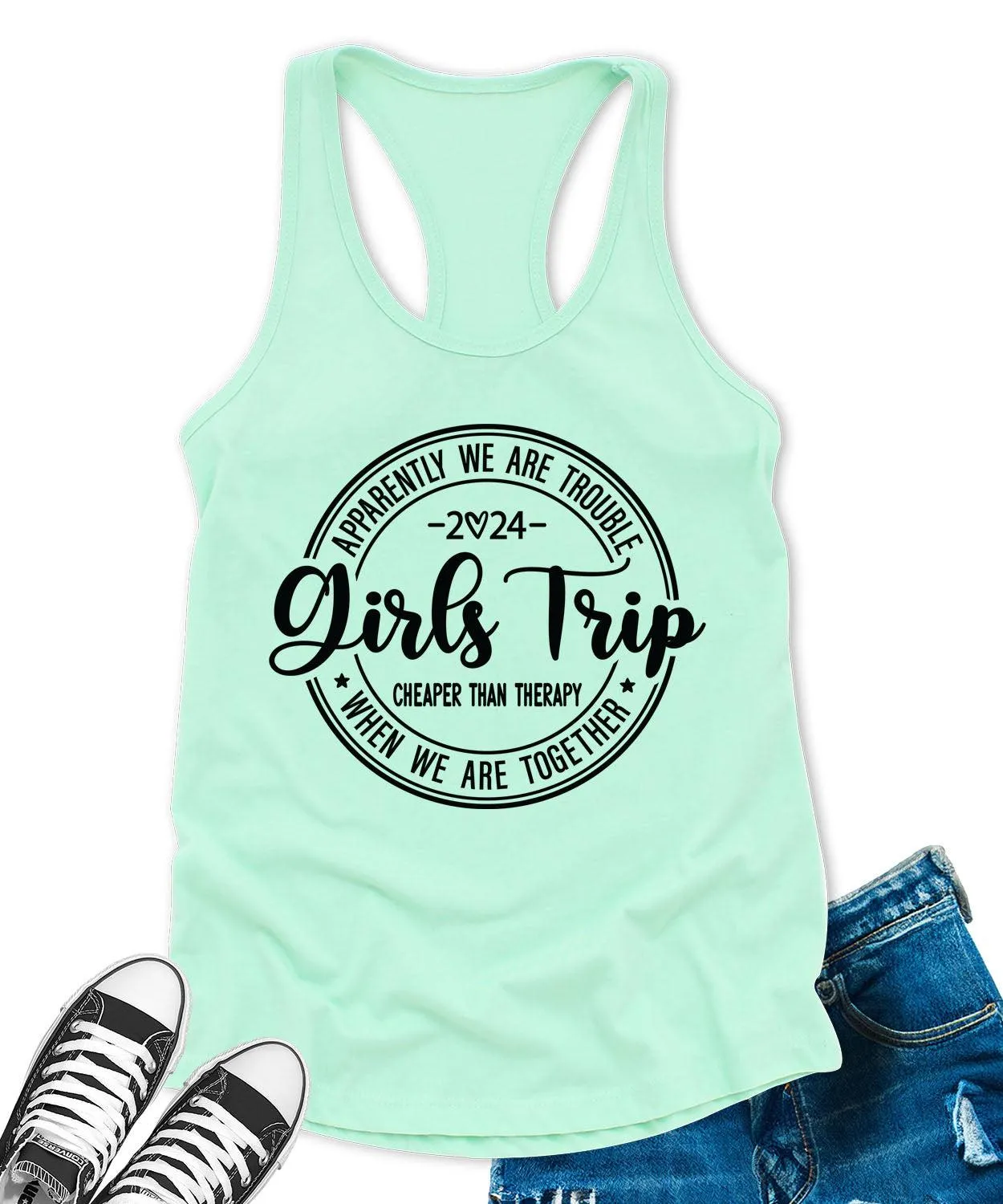 Girls Trip 2024 Racerback Tank Top for Women Cheaper Than Therapy Letter Print Sleeveless Summer Tops