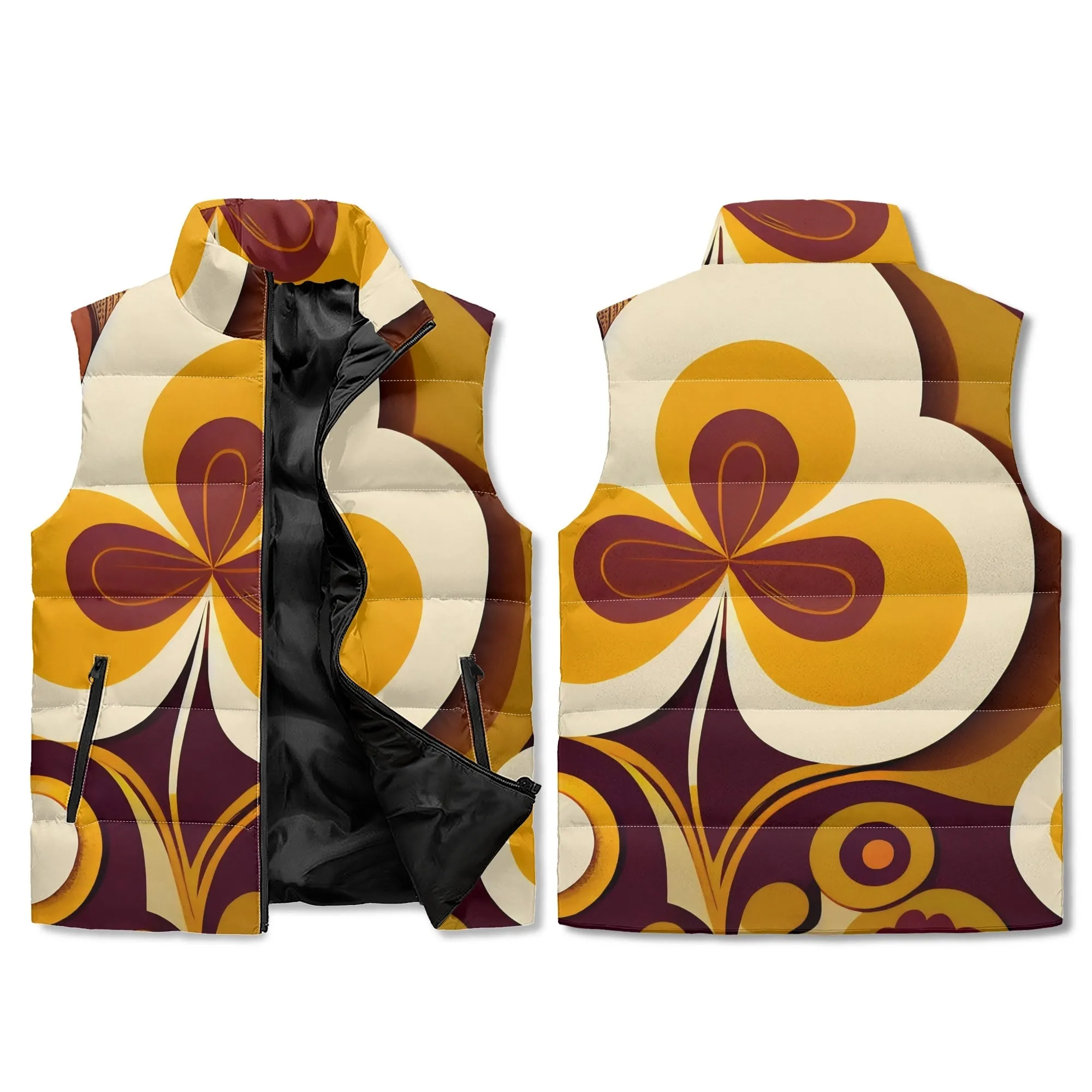 Hip Mod Retro Groovy Brown Gold, Hipster Unisex Lightweight Collar Zip Up Puffer Vest