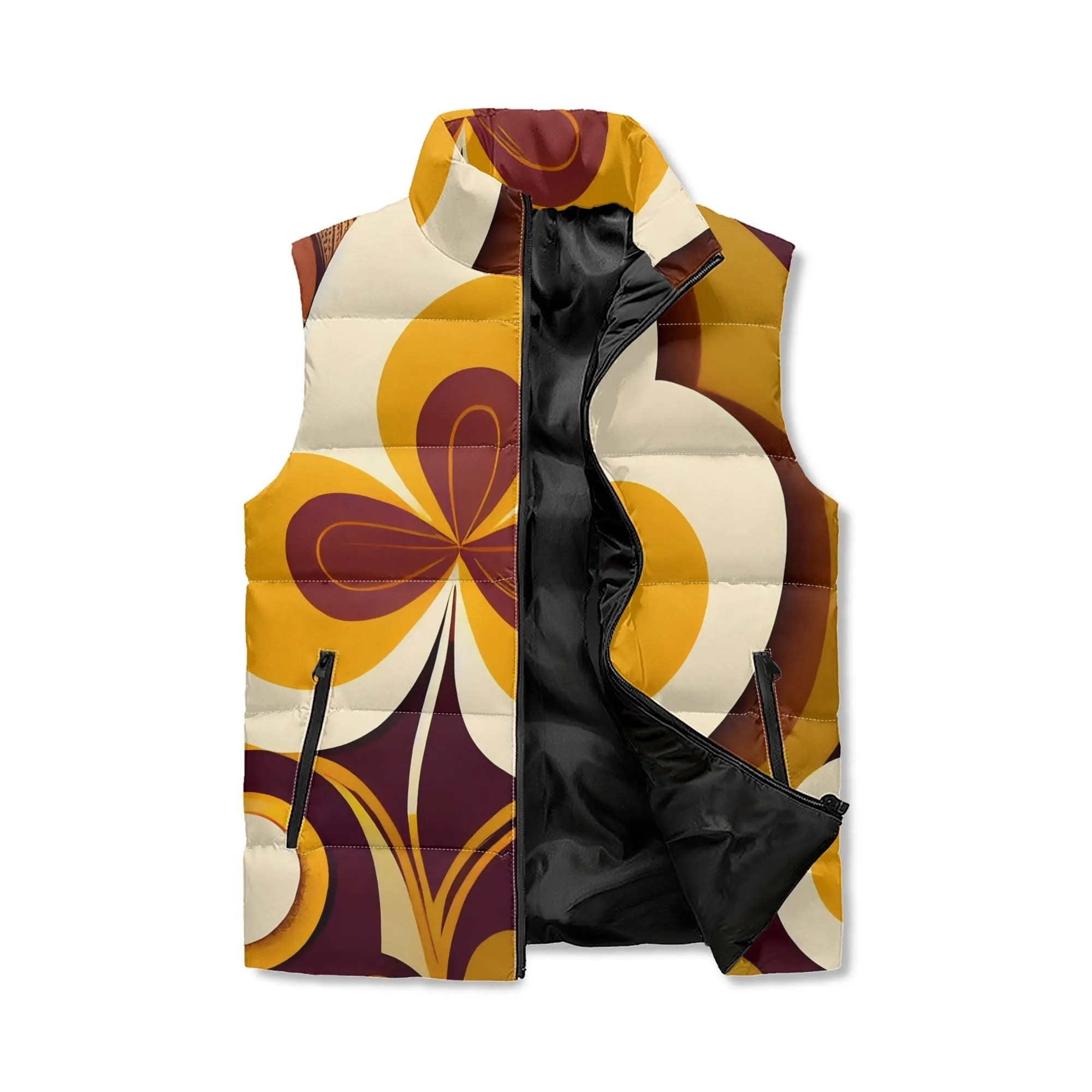 Hip Mod Retro Groovy Brown Gold, Hipster Unisex Lightweight Collar Zip Up Puffer Vest