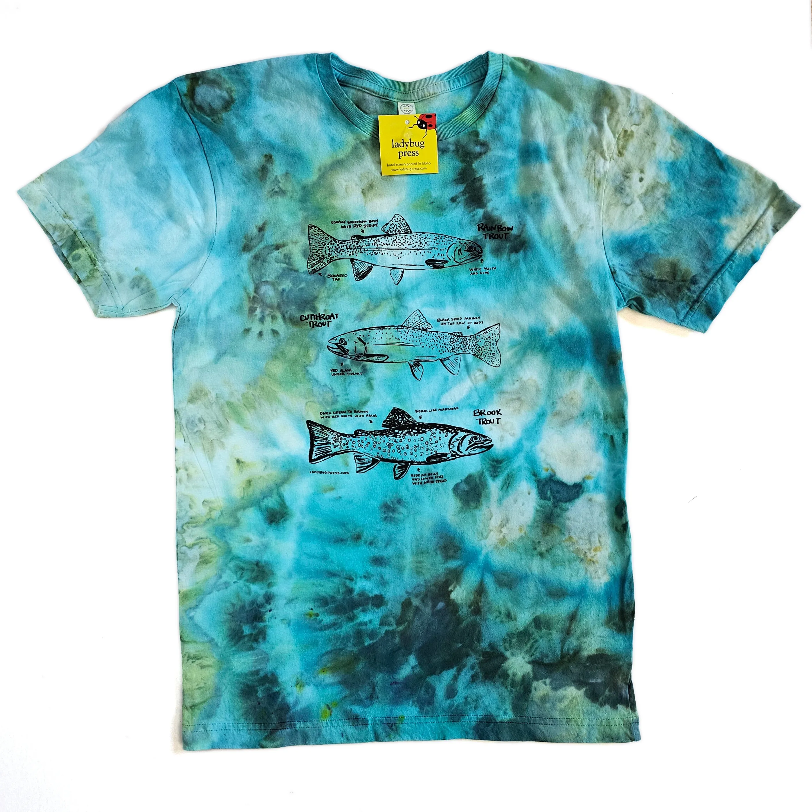 Ice Dyed Trout T-shirt, screen printed with eco-friendly waterbased inks, adult sizes