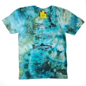 Ice Dyed Trout T-shirt, screen printed with eco-friendly waterbased inks, adult sizes