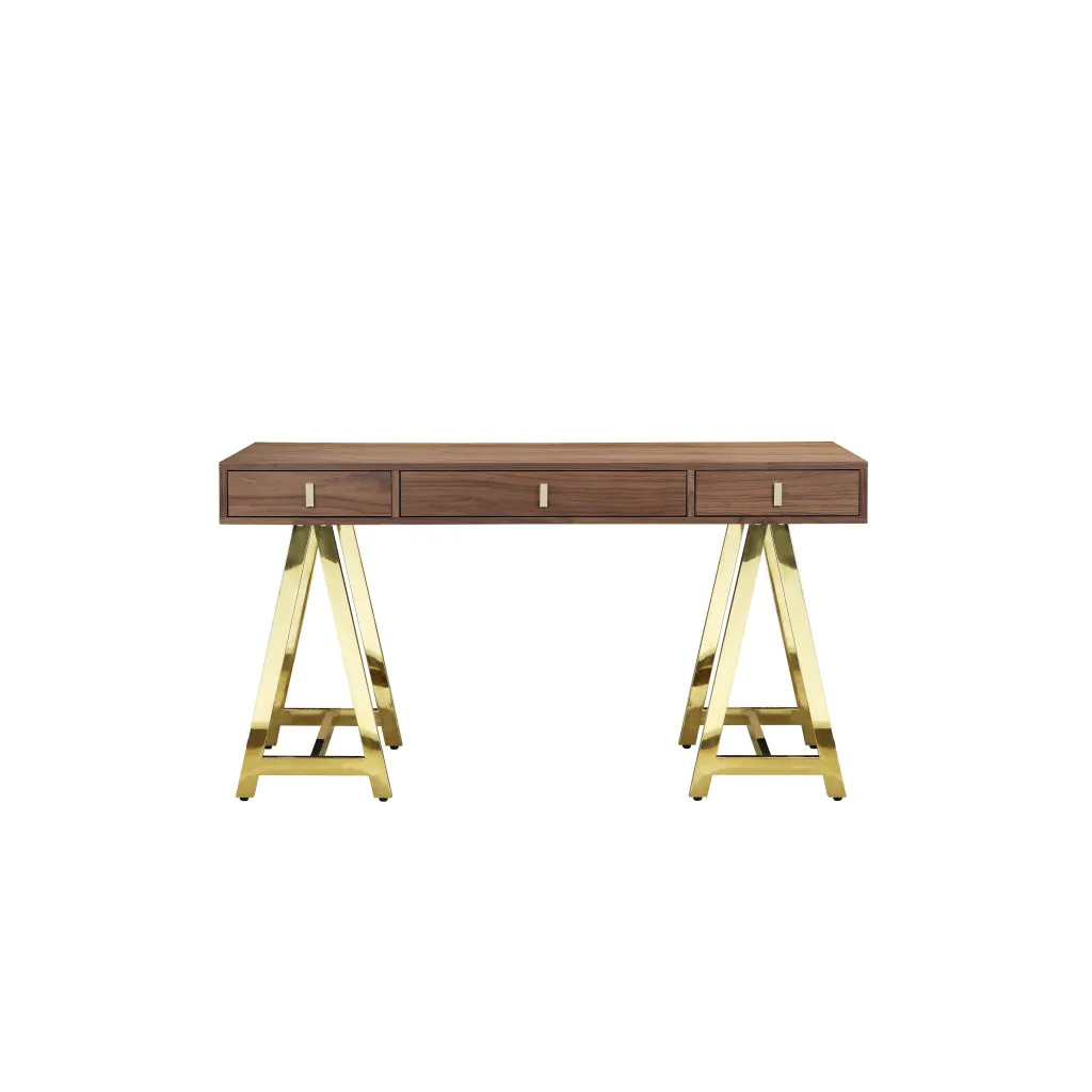 Ile 55 Inch Desk with 3 Storage Drawers, Brown Wood Veneer, Gold Metal By Casagear Home