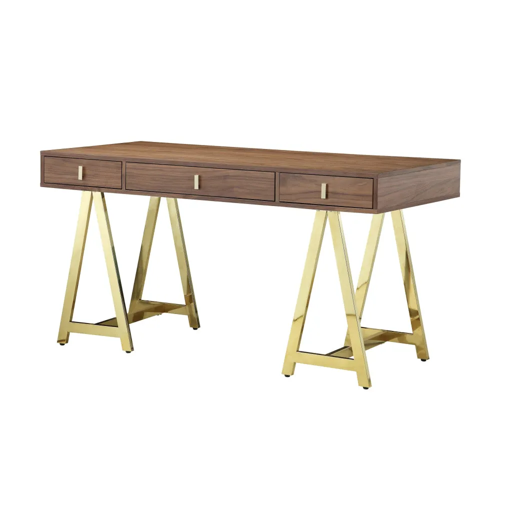 Ile 55 Inch Desk with 3 Storage Drawers, Brown Wood Veneer, Gold Metal By Casagear Home