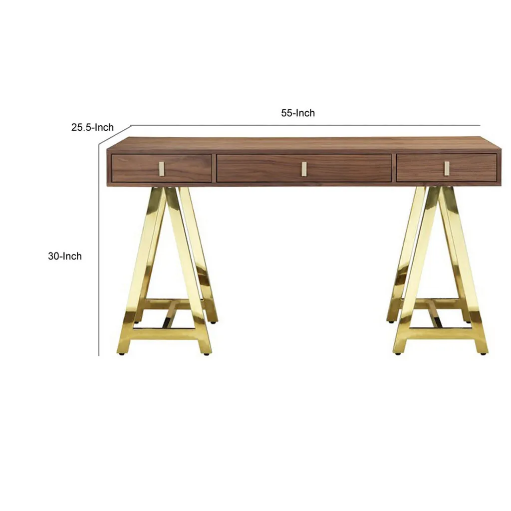 Ile 55 Inch Desk with 3 Storage Drawers, Brown Wood Veneer, Gold Metal By Casagear Home