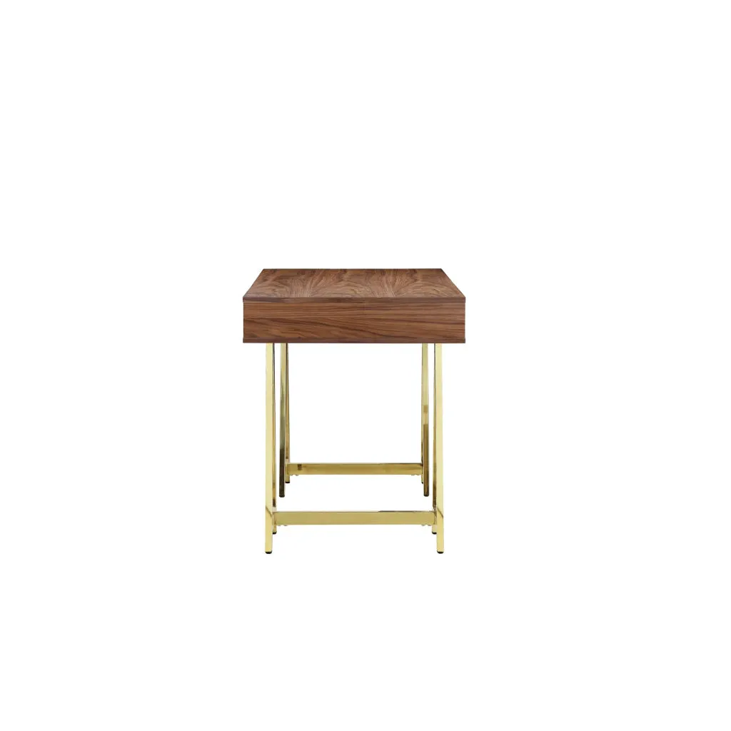 Ile 55 Inch Desk with 3 Storage Drawers, Brown Wood Veneer, Gold Metal By Casagear Home