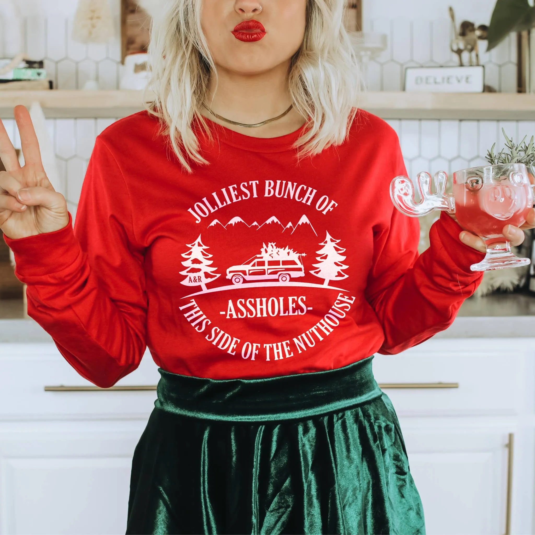 Jolliest Bunch Of Assholes Lightweight Long Sleeve Tee in Red - Unisex