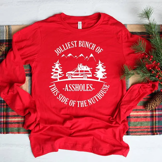 Jolliest Bunch Of Assholes Lightweight Long Sleeve Tee in Red - Unisex