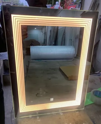 LAXMI Glass Shop Wall Mounted Led Touch Sensor Mirror with Aluminum Frame | LED Illuminated Modern Vanity Rectangle Mirror for Bathroom, Bedroom & Makeup Room (24inch x 24inch) Model-6