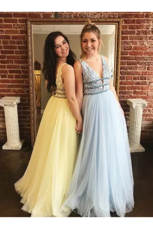 Long Lace Tulle Prom Dresses, A-Line Graduation Dresses With Beading