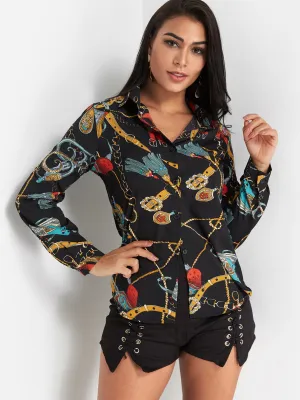 OEM ODM Scarf Print Classic Collar Blouse