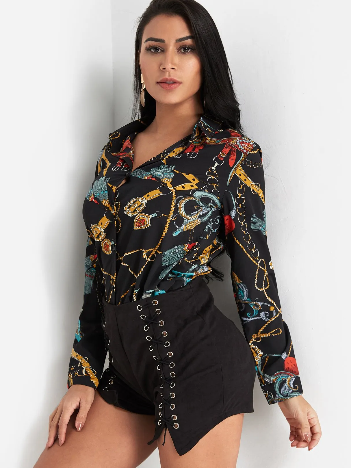 OEM ODM Scarf Print Classic Collar Blouse