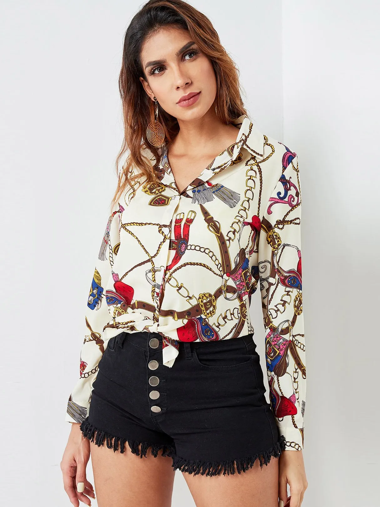 OEM ODM Scarf Print Classic Collar Blouse