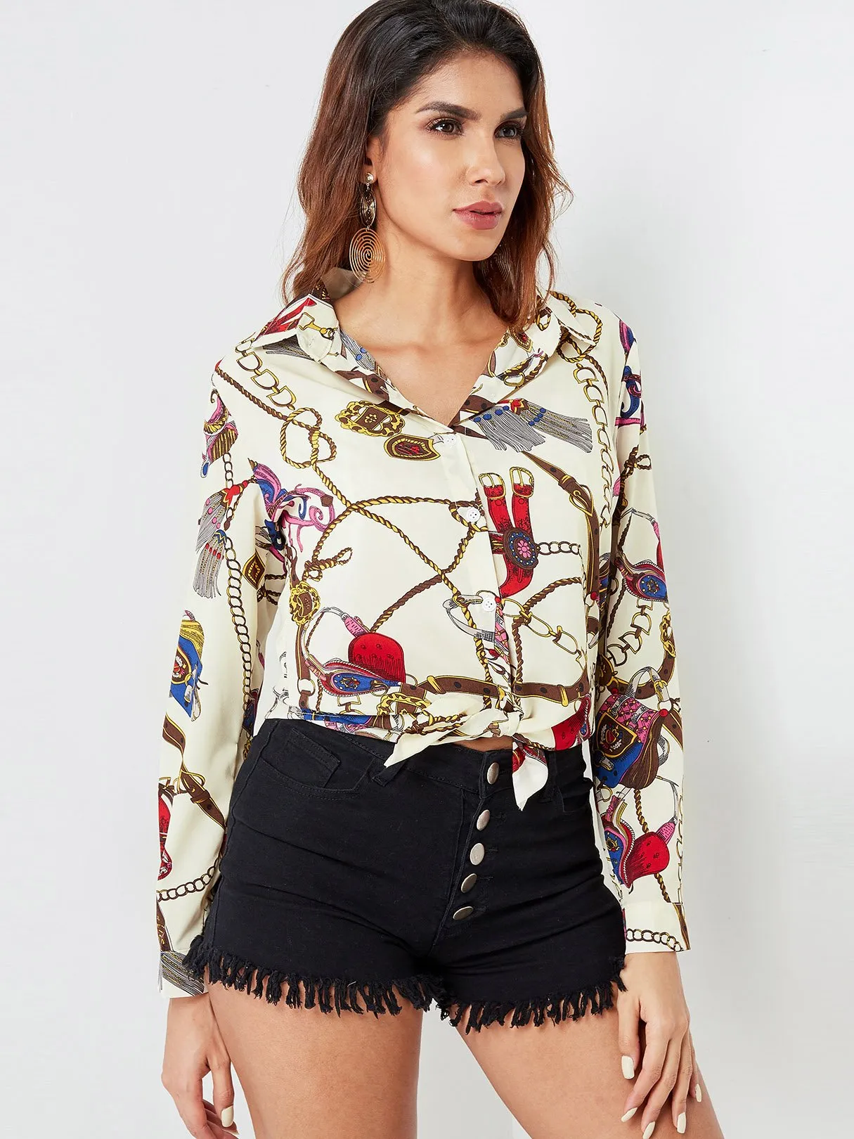 OEM ODM Scarf Print Classic Collar Blouse