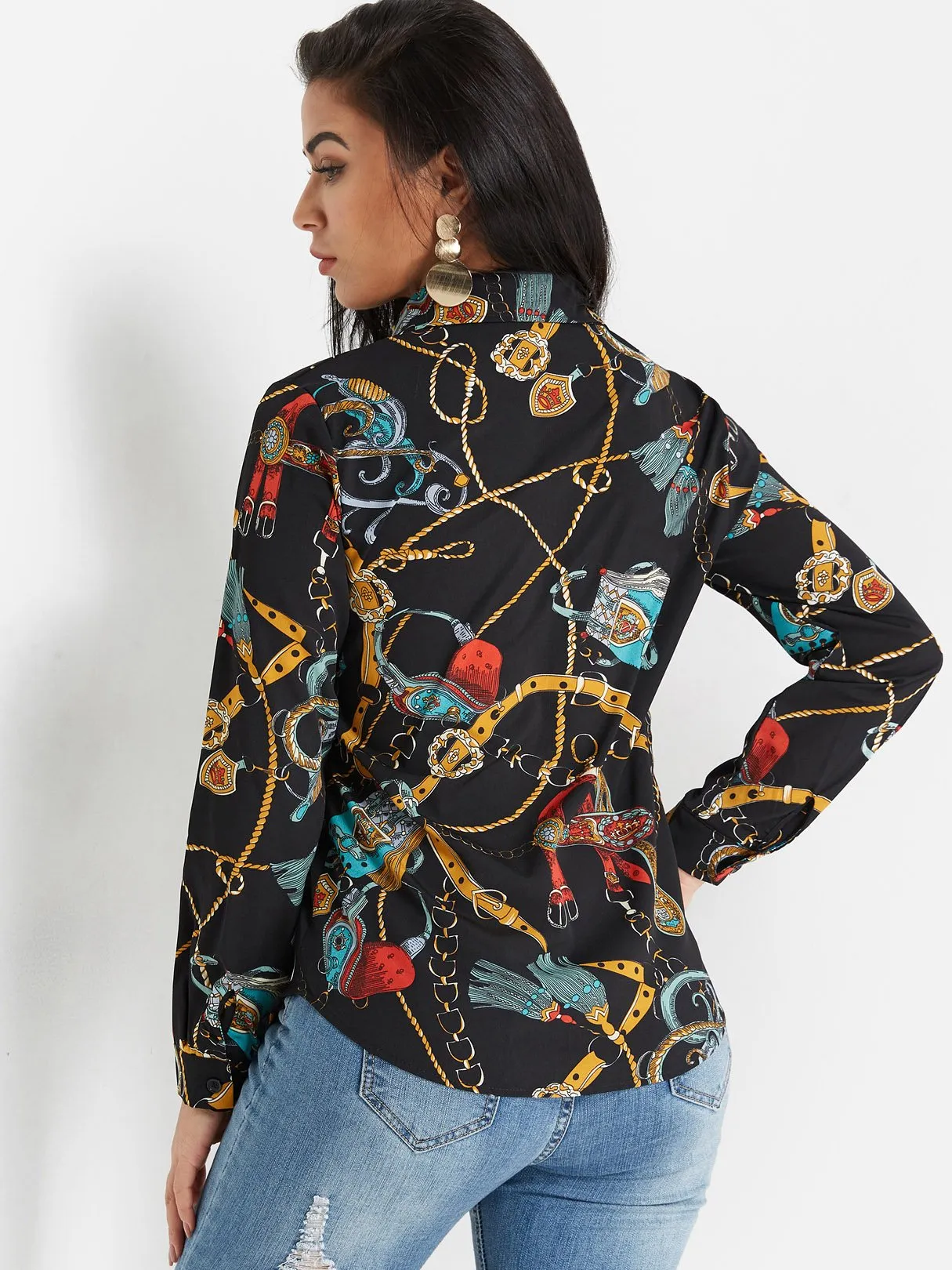 OEM ODM Scarf Print Classic Collar Blouse