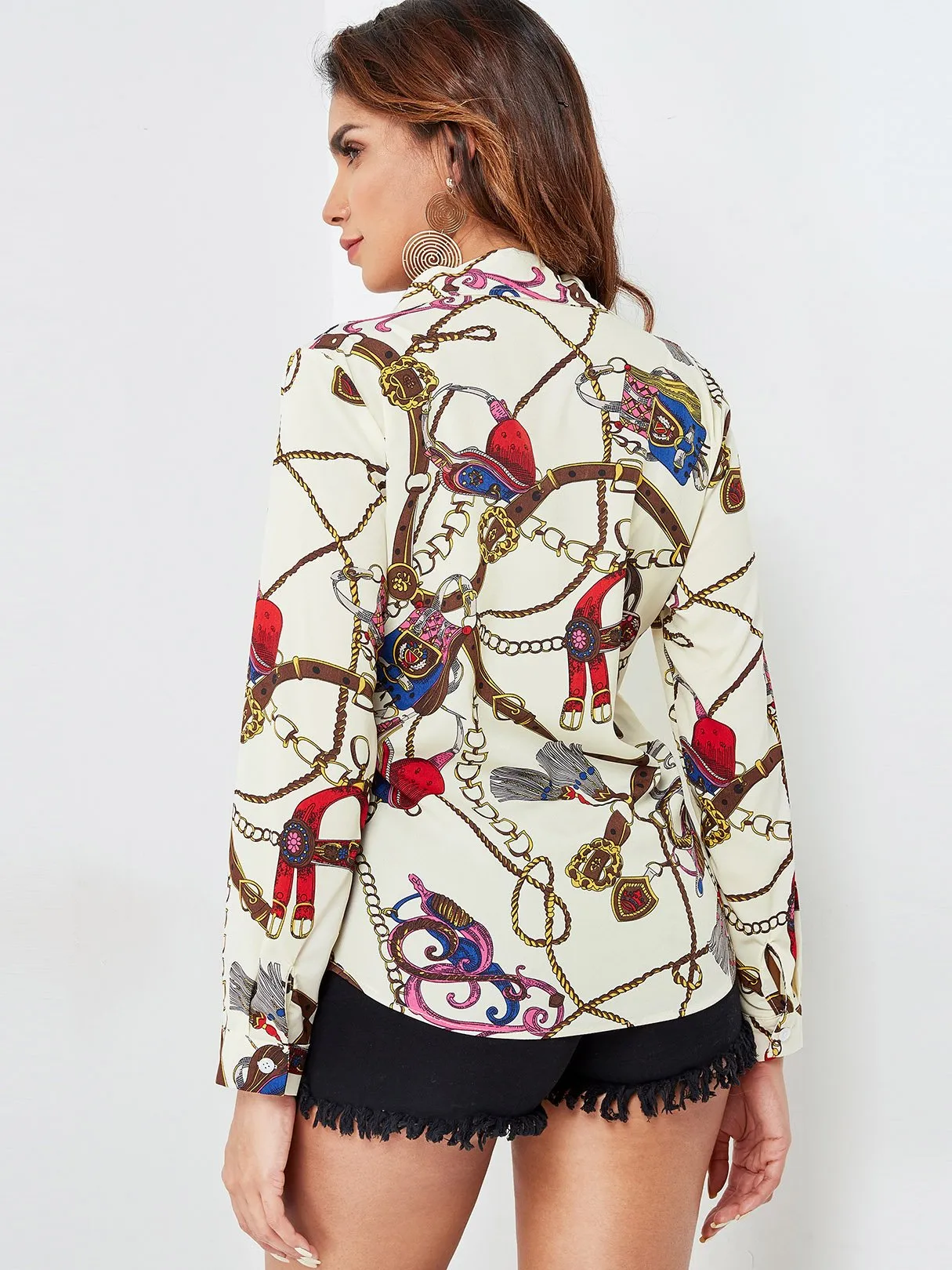 OEM ODM Scarf Print Classic Collar Blouse