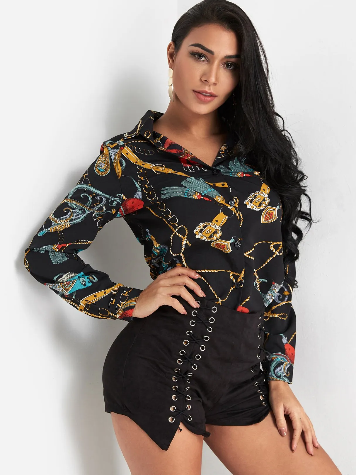 OEM ODM Scarf Print Classic Collar Blouse