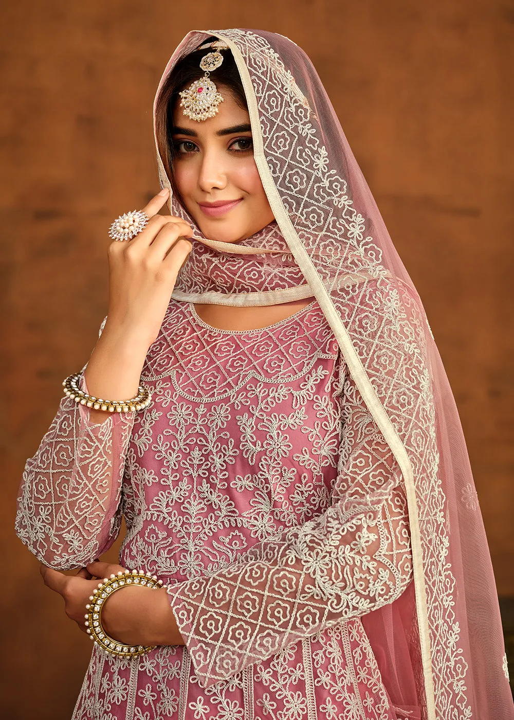 Pink All Over Embroidered Net Wedding Anarkali Suit
