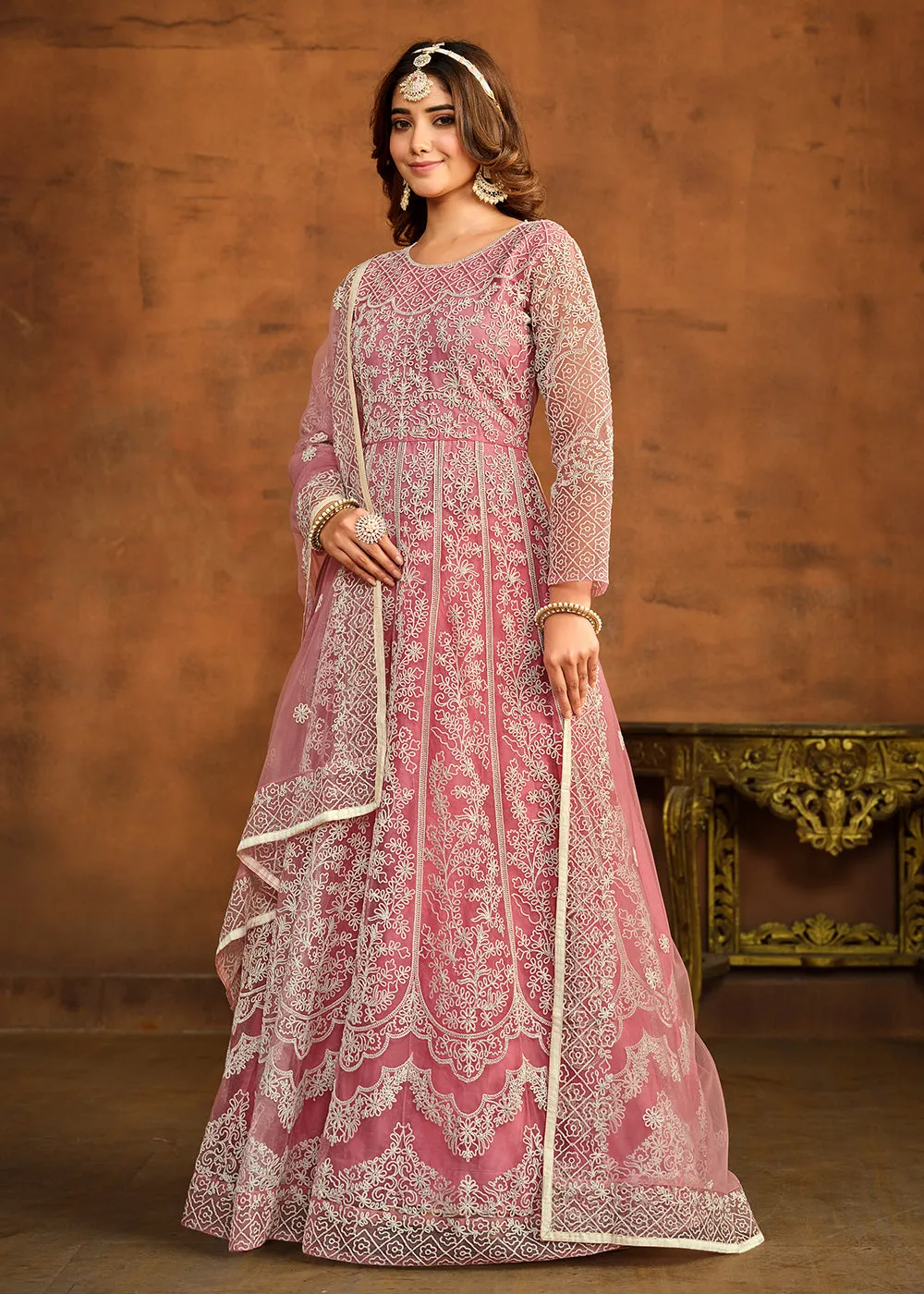 Pink All Over Embroidered Net Wedding Anarkali Suit