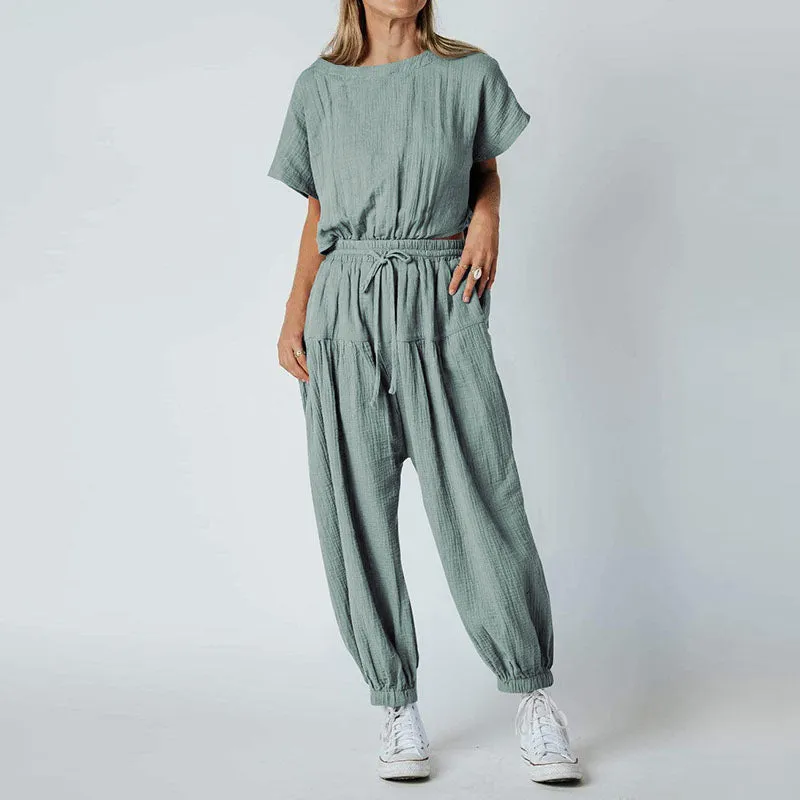 Pleated Loose Button Slit Jumpsuit