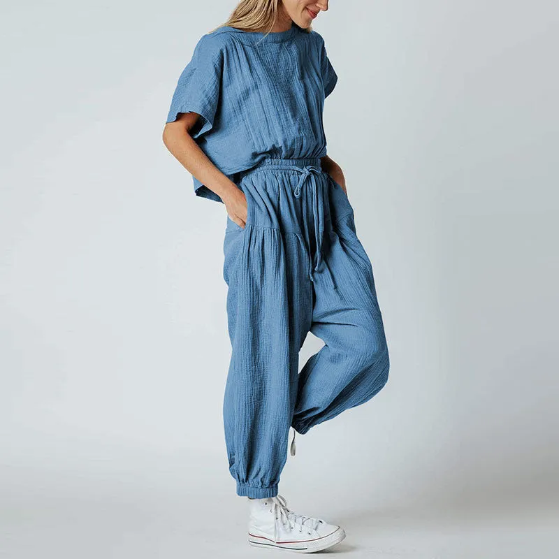 Pleated Loose Button Slit Jumpsuit