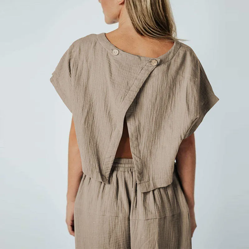 Pleated Loose Button Slit Jumpsuit