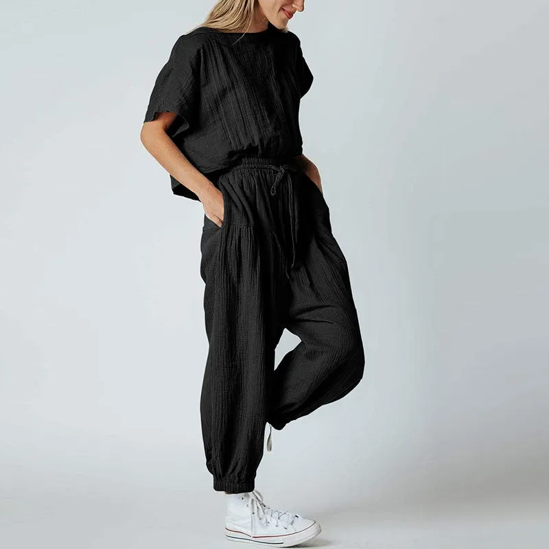 Pleated Loose Button Slit Jumpsuit