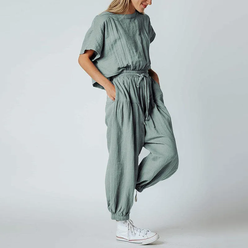 Pleated Loose Button Slit Jumpsuit